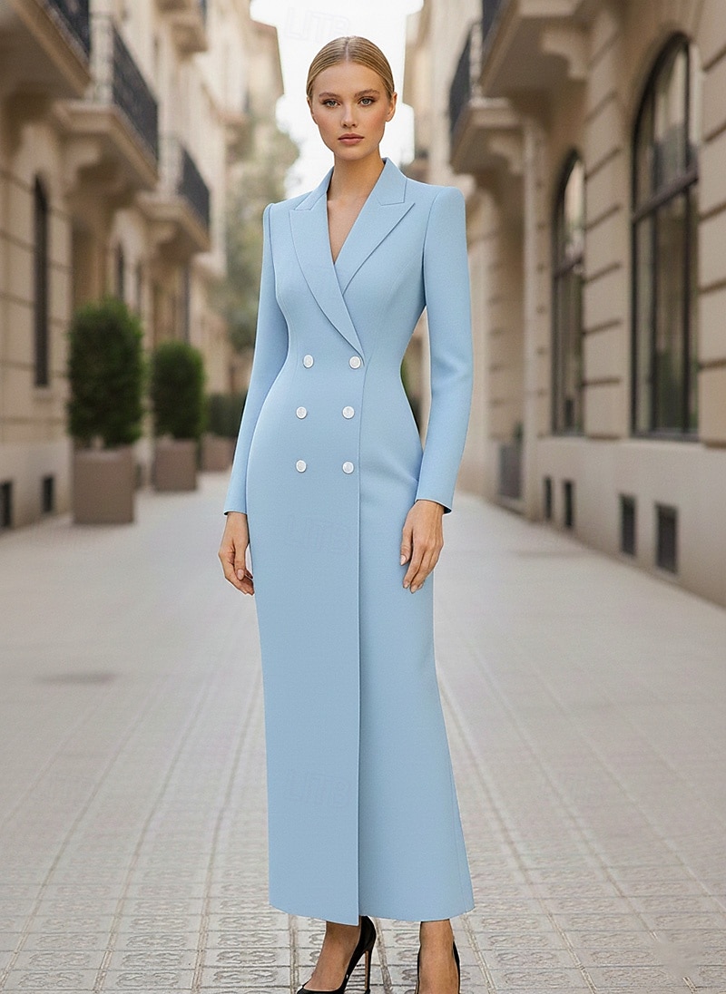 Women's Tuxedo Dress Sheath Formal Crepe Elegant Simple Long Sleeve 3/4 Sleeve Pleated Floor Length Peaked Lapel V Neck Double Breasted 2026 - $159.99 –P1