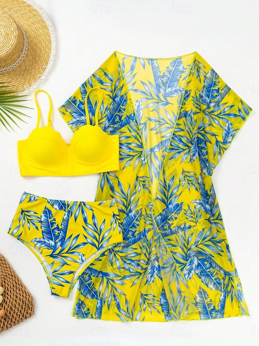 Maillot de bain bikini 3 pièces pour femmes palmiers culottes slim dos nu vacances vêtements de plage feuilles décolleté en V sans manches maillots de bain de 2026 ? $34.99 –P2