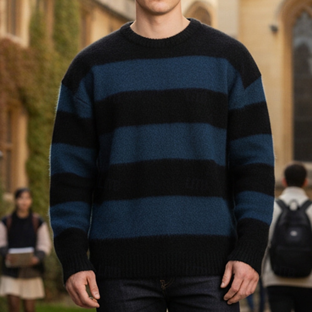 Herren Weihnachtspullover Pullover Strickpullover Gerippt Stricken Normale Oberteile Gestrickt Gestreift Rundhalsausschnitt Mode Basic Weihnachten Urlaub Bekleidung Herbst Winter Weiß Blau M L XL 2026 - $34.99 –P3