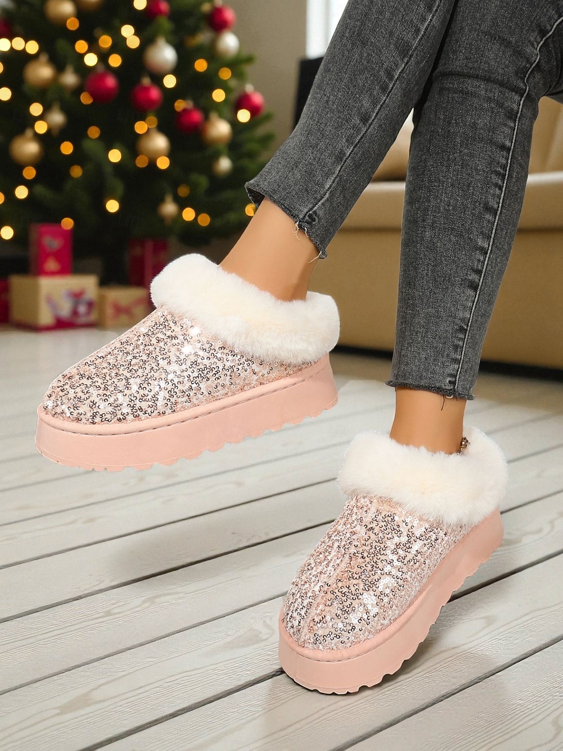 stivali da neve da donna con paillettes rosa e colletto in pelliccia sintetica: stivaletti invernali scintillanti alla moda per un comfort casual del 2026 a $29.99 –P1