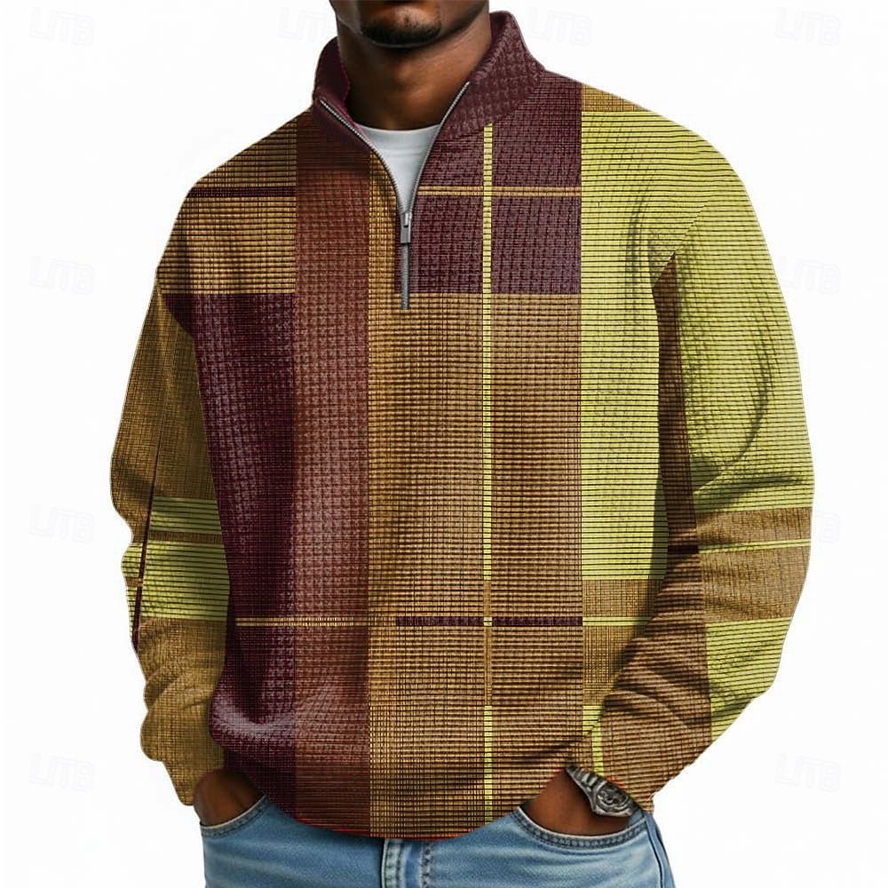Per uomo Geometrico Plaid Nido d'ape Felpa Moda Quotidiano Classico Casual Collo alla coreana Zip a un quarto All'aperto Casa Ufficio Lavoro Giallo Viola Arancione Grigio Con zip Autunno Inverno del 2026 a $28.99 –P3