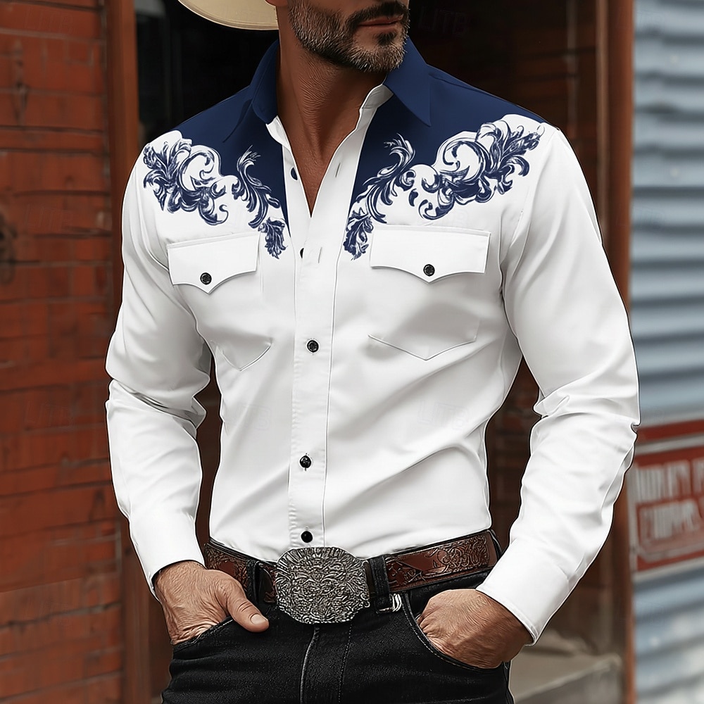 Herren Blumendruck Ethnisch Blumen Hemd Westernhemd Cowboy-Shirt Langarm Vintage-Retro Lässig Outdoor Arbeitskleidung Frühling Herbst Umlegekragen Zwei Fronttaschen Leinenähnliches Hemd Hemden mit 2026 - $27.99 –P3
