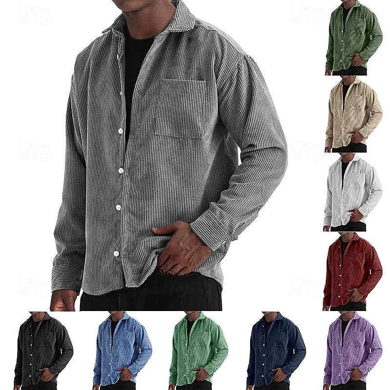 Bărbați Cămașă Cămașă casual Cămasă Corduroy Camașă cu nasturi Albastru piscină Negru Alb Roșu Vin Bleumarin Manșon Lung Simplu Rever Casual Zilnic Buzunar Îmbrăcăminte Modă Modern Casual 2025 - $24.99 –P1