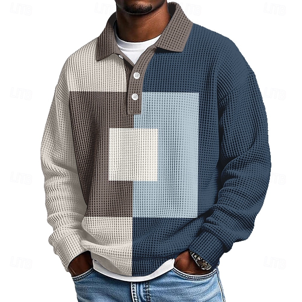 Homme Bloc de Couleur Géométrique Chemises Polo Gaufre Texturé manche longue Polos Revers Occasionnel Athleisure Tenue quotidienne Impression 3D Printemps Automne Hiver bleu marine Bleu Ciel Vert de 2026 ? $28.99 –P2