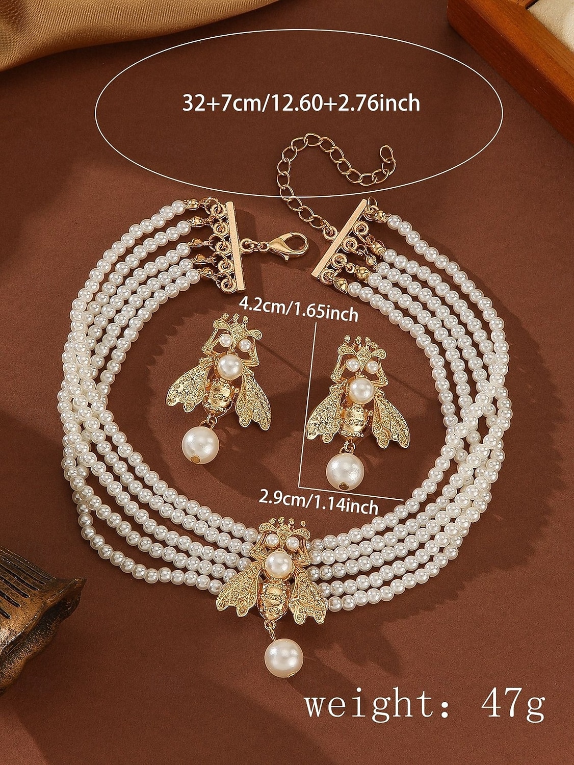 Dames parelbijen sieradenset - elegante meerlaagse chokerketting en oorbellen met goudkleurig insectenontwerp voor feesten, bruiloften en vintage mode-looks 2026 - $14.99 –P1