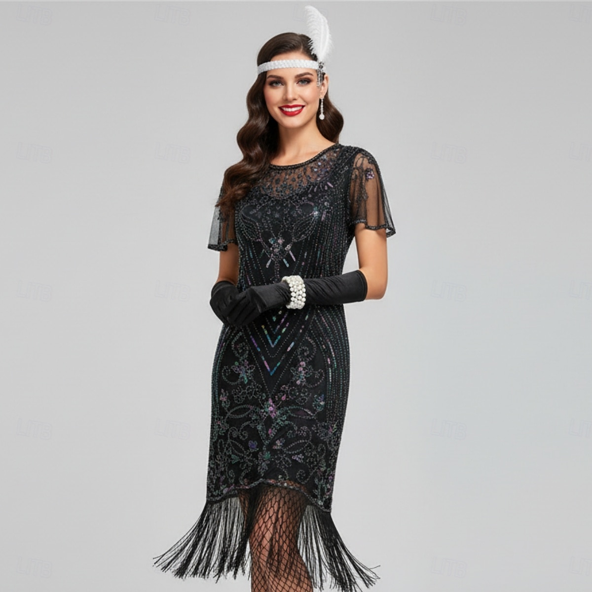 Set Anni Ruggenti Anni 1920 Lunghezza al ginocchio Lunghezza corta Abito Flapper Abiti Costume da festa con accessori Manica illusione Maniche corte Il grande Gatsby Invitato al matrimonio Paillettes del 2026 a $54.99 –P1