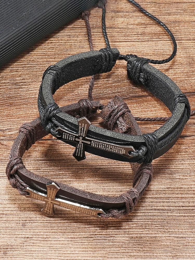 Miesten keinonahkainen ristirannekoru, säädettävä koko, kestävä ja tyylikäs, sopii erinomaisesti arkeen ja vapaa-aikaan 2026 - $7.99 –P4