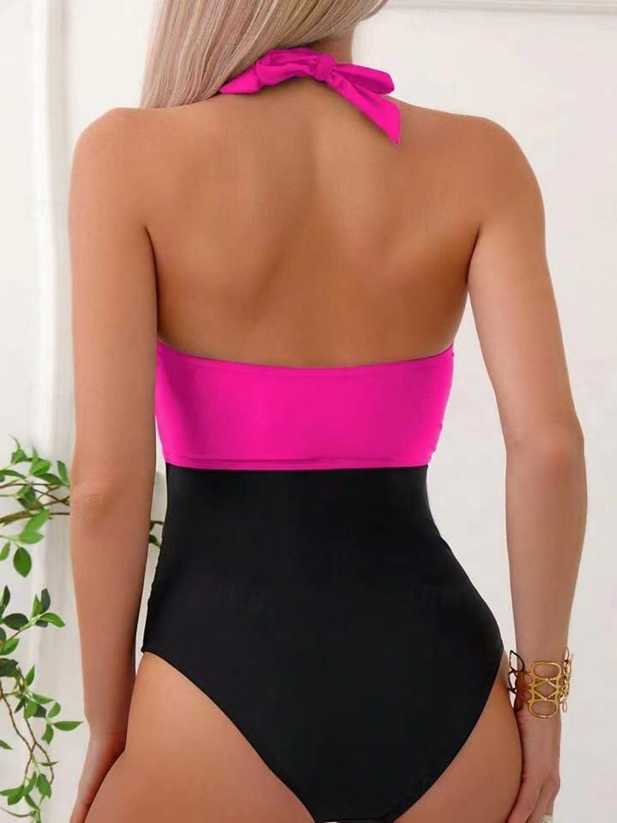 Costume da bagno intero da donna snellente colorblock monokini controllo della pancia vita alta slanciato senza schienale abbigliamento da spiaggia per le vacanze blocco di colore collo a halter del 2026 a $25.99 –P3