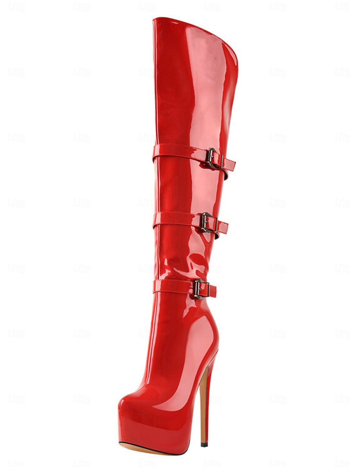 Bottes cuissardes rouges vernies pour femme - bottes de soirée à talons aiguilles ultra hauts avec brides à boucle. &vêtements de club de 2026 ? $99.99 –P1