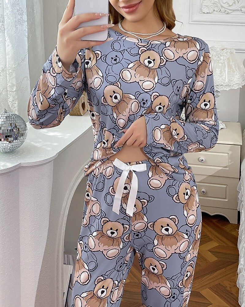 Dame Pyjamas lounge Pyjamas Sett Fritid Tegneserie Elastisk midje Bukse Hjem Seng Langermet Crew-hals Blå Vår Høst Løstsittende 2025 - $23.99 –P6