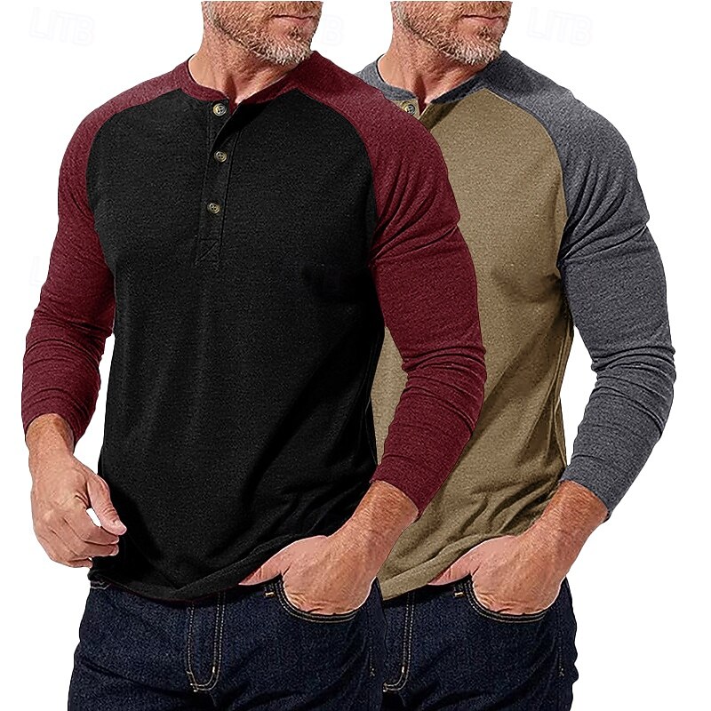 2-teiliges Henley-Shirt für Herren, Baseball-T-Shirt, Kurzarm, Farbblock-Design, Basic, Boho-Stil, Raglanärmel, für Outdoor, Freizeit, Alltag, Sommer, Herbst, alle Jahreszeiten, schwarzes 2026 - $40.99 –P9