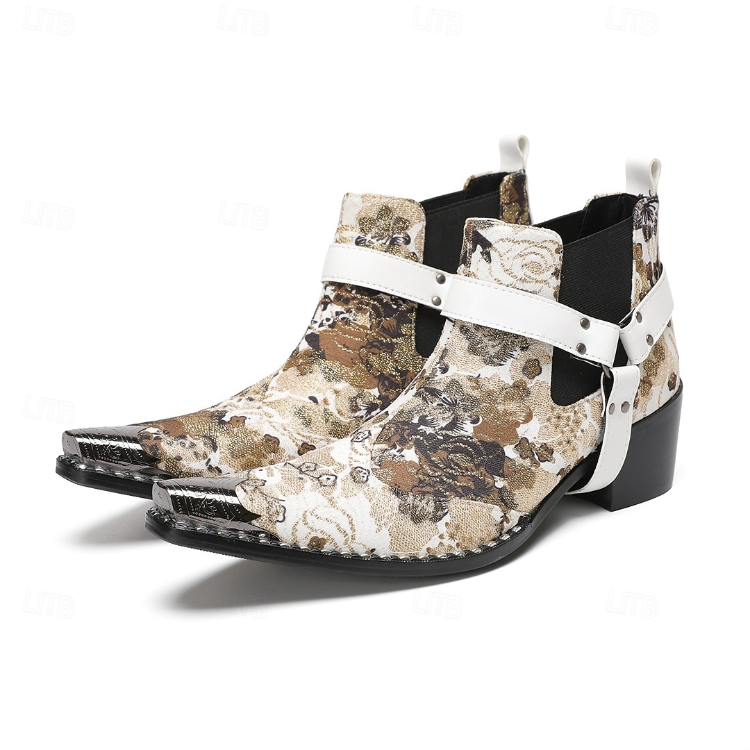 Miesten kukkakuvioiset valkoiset nahkaiset nilkkurit - muodikas solkiyksityiskohta rohkealla kukkakuviolla, täydellinen katutyyliin ja rennoille tilaisuuksille 2025 - $139.99 –P4