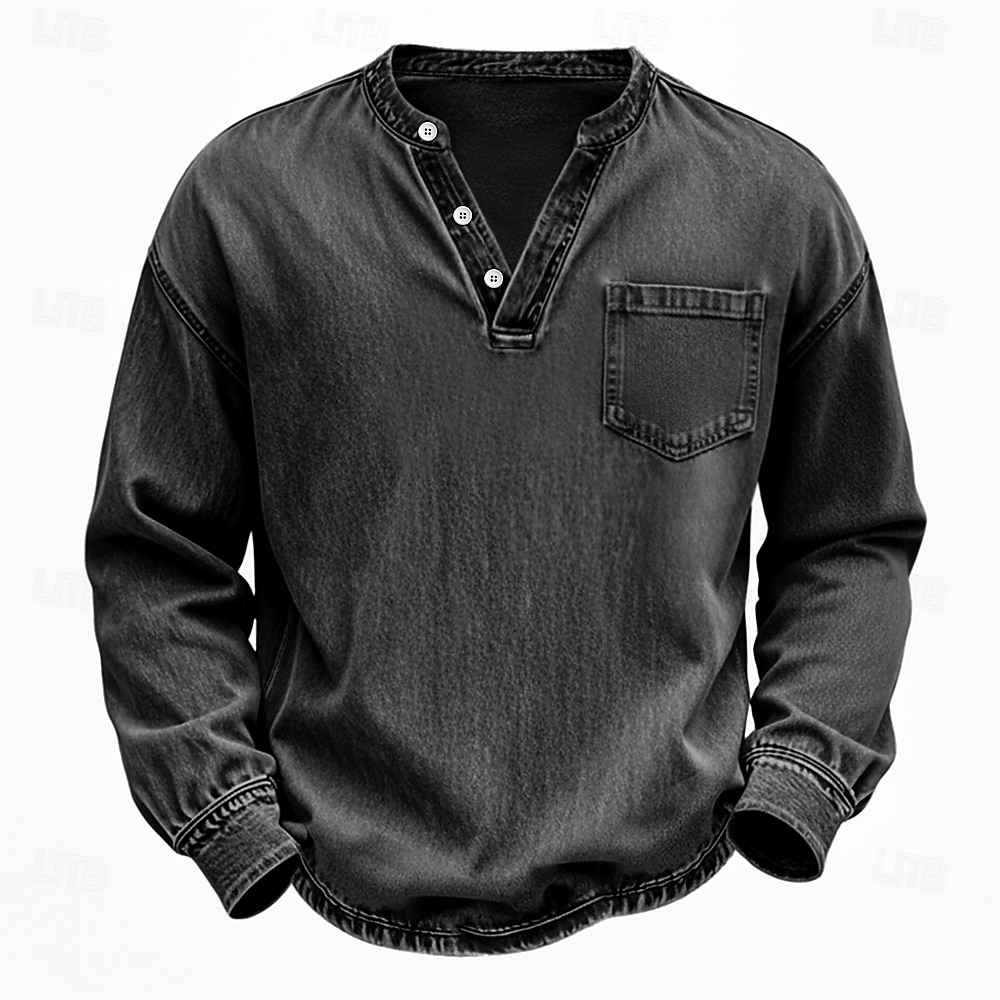 Voor heren Henley-shirt Overhemd van 100% katoen met zure wassing T-shirt T-shirt Lange mouw Wijnoogst Effen kleur Retro vintage Casual Vintagestijl Kledingstuk geverfd gewassen Henley Casual Lente 2026 - $31.99 –P9