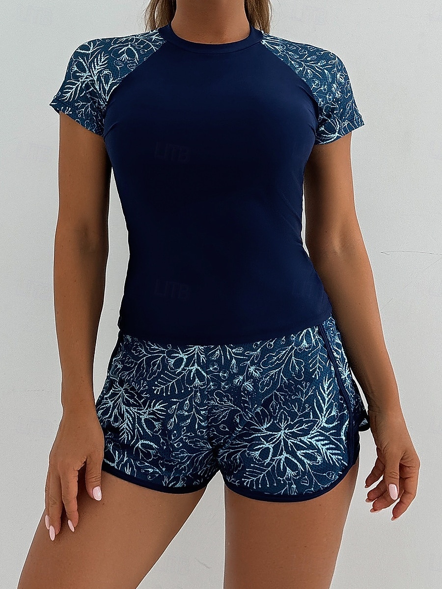 Costume da bagno tankini da donna 2 pezzi pantaloni corti palmo controllo pancia vita alta slinguato senza schiena vacanza in spiaggia scollatura rotonda floreale con maniche corte del 2026 a $36.99 –P3