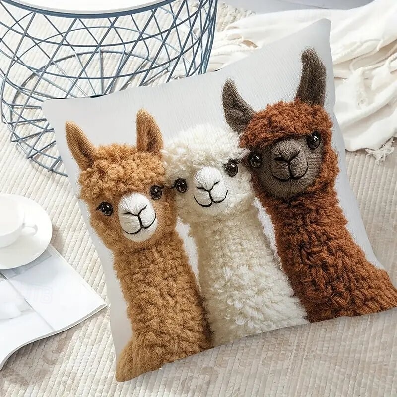 Fundas de cojín estilo vintage con diseño de alpaca (tres unidades), estampado plano 2D, 45x45 cm (18x18 pulgadas), adorable diseño animal, ideales para decorar el sofá del salón o el dormitorio. 2026 - $9.99 –P5