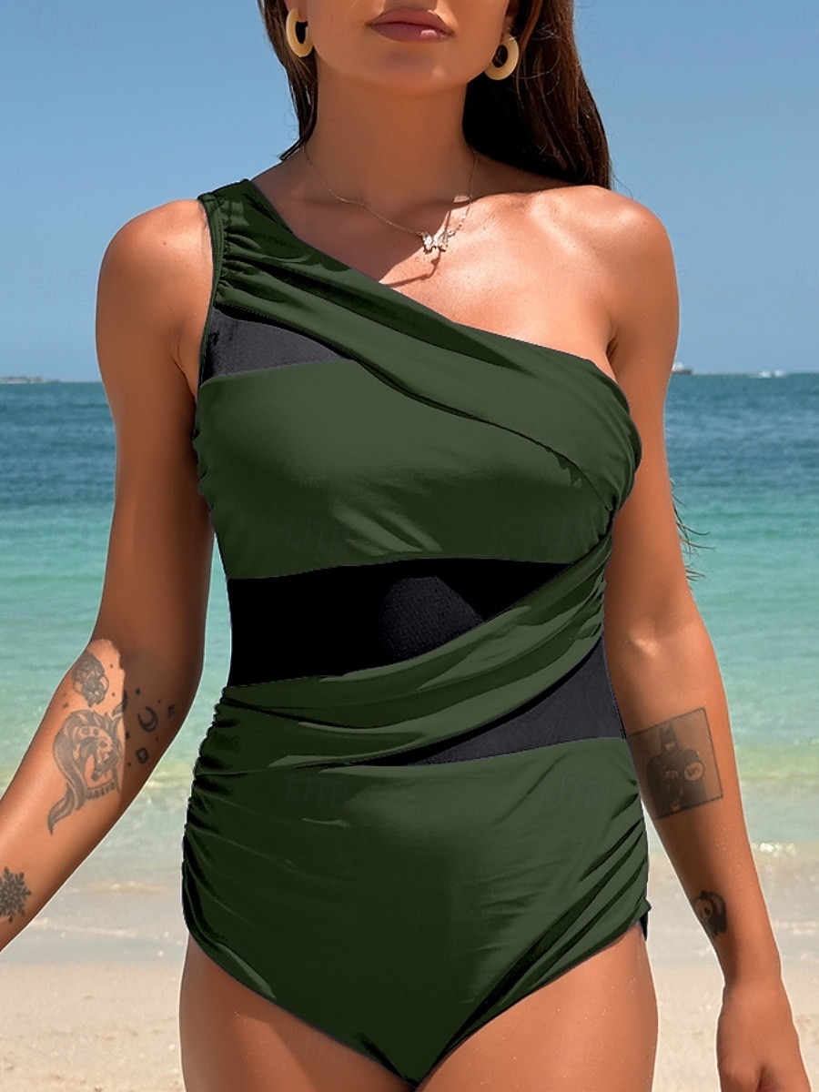 Dámské jednodílné plavky nabírané monokini síťové kontrola břicha vysoký pas štíhlé bez zadního dílu elegantní plážové oblečení v jednobarevné variantě halter krk bez rukávů 2026 - $28.99 –P3