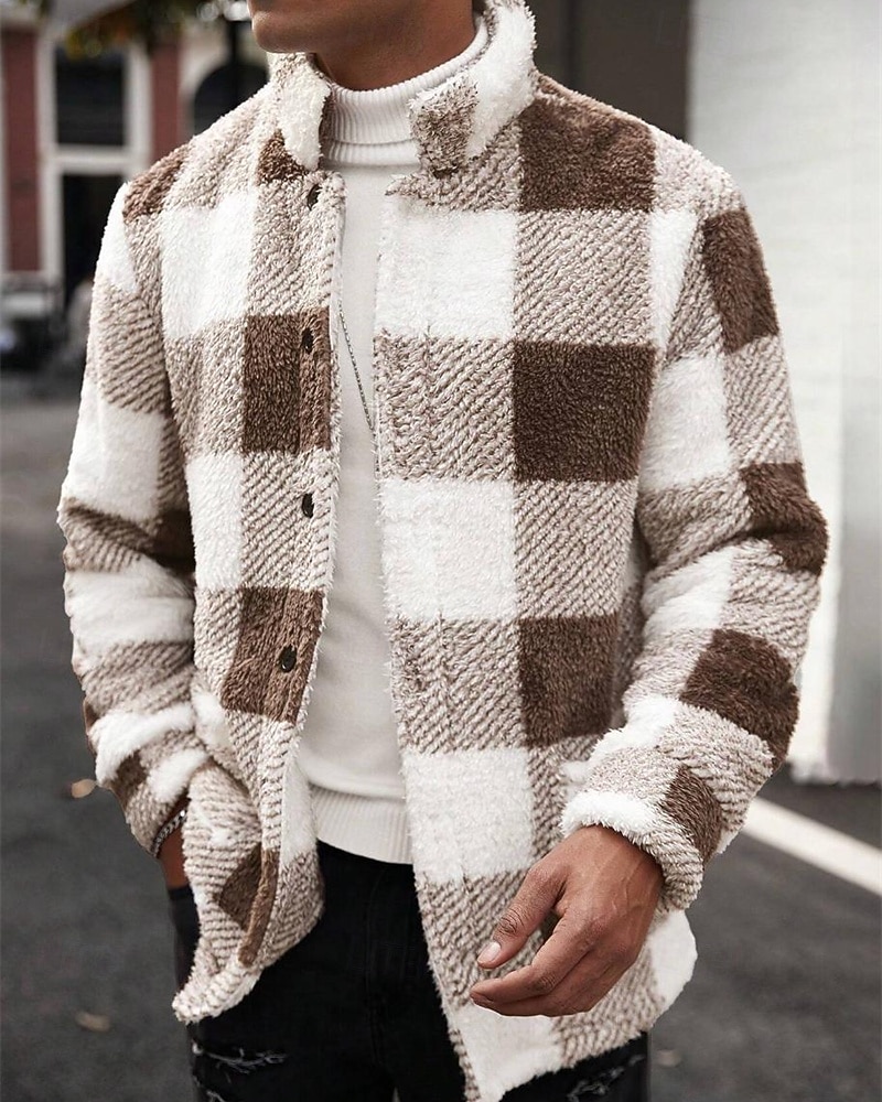 Муж. Толстовка Флисовая толстовка Флисовая жилетка Синий Хаки Воротник-стойка В клетку Карман Для занятий спортом Повседневные Праздники Полиэстер Уличный стиль Классический На каждый день Осень Зима 2026 - $50.99 –P2