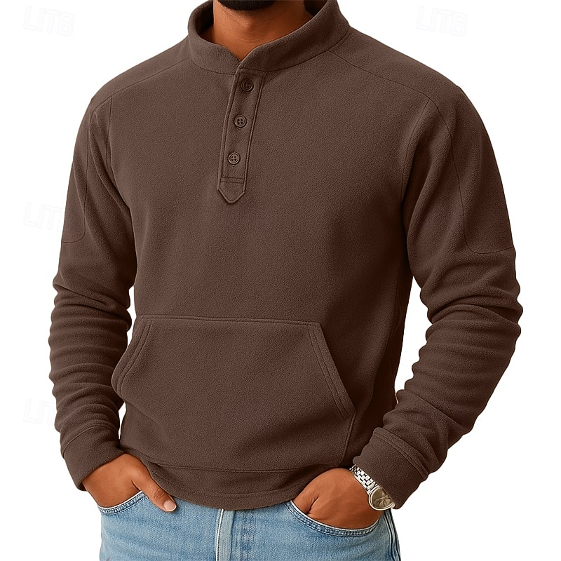 Men's Sweatshirt Fleece Sweatshirt Button Up Hoodie Black Dark Green Khaki Coffee Gray Henley Plain Patchwork Kangaroo Pocket Sports & Outdoor Casual Daily Streetwear Cool Sportswear Fall Winter 2026 - $28.99 –P4