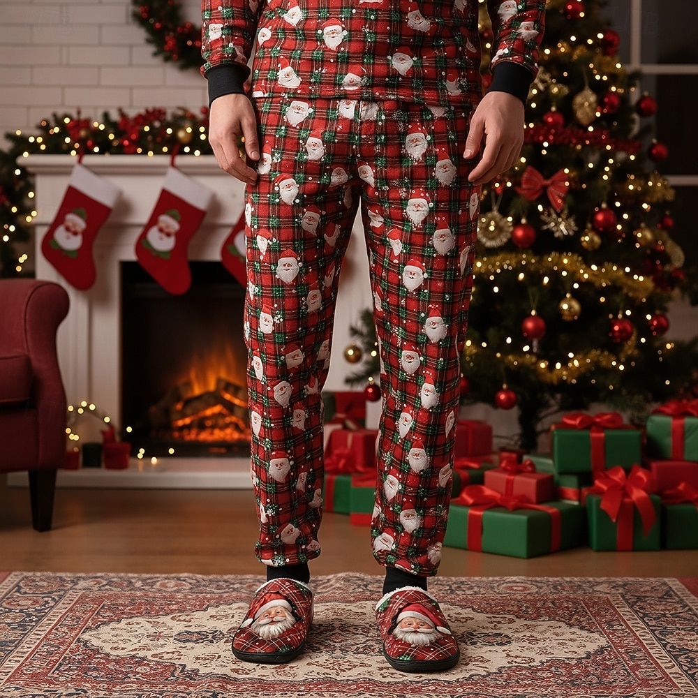 Мужские тапочки с принтом Санта-Клауса — праздничное красное лицо Санта-Клауса со светодиодными лампами, уютные плюшевые тапочки для рождественского утра, отдыха и отдыха в праздники 2025 - $26.99 –P1