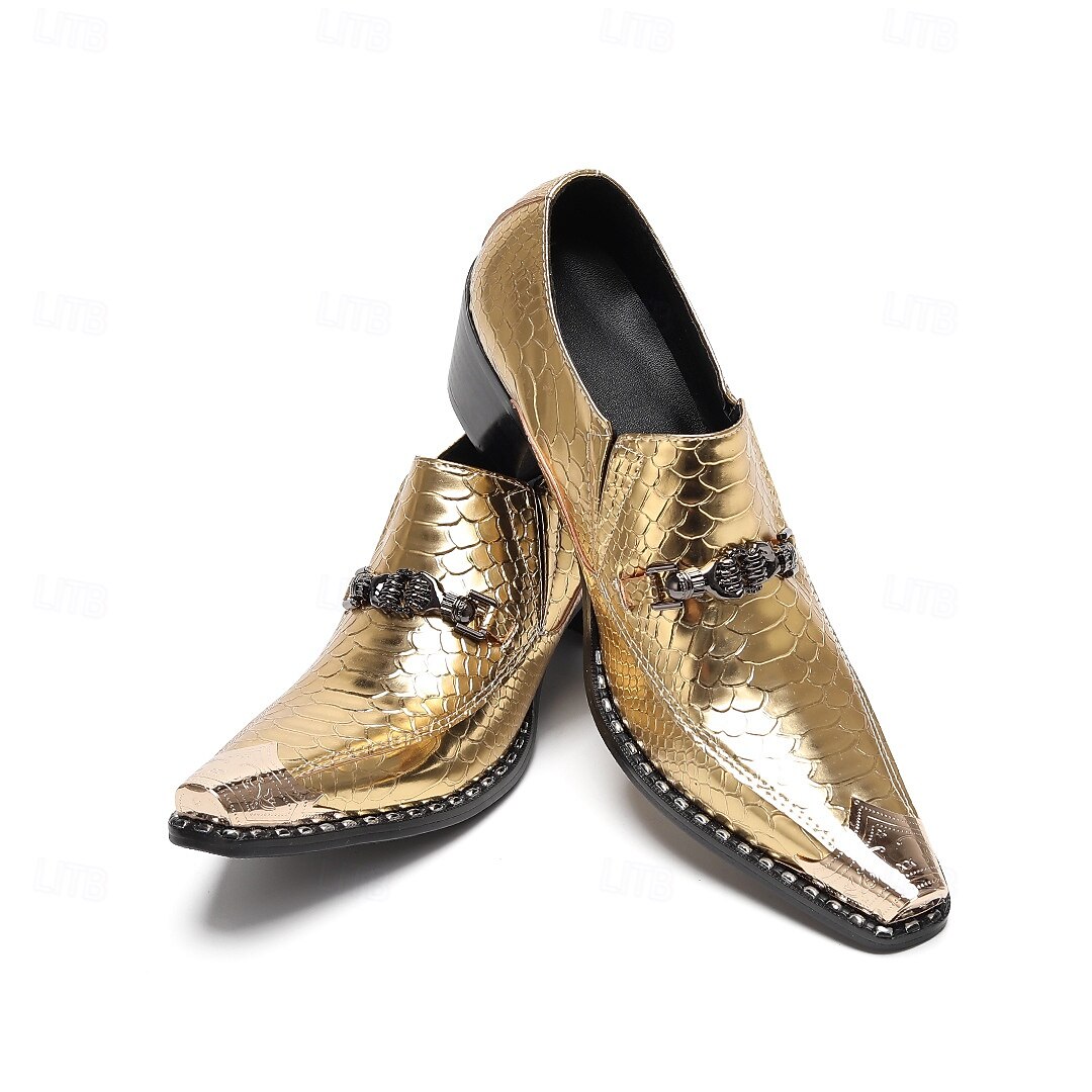 Scarpe eleganti con stampa di serpente oro di Mardi Gras per uomini – pelle di mucca premium 100% all’avanguardia design a punta per Carnevale feste e occasioni speciali del 2026 a $149.99 –P2