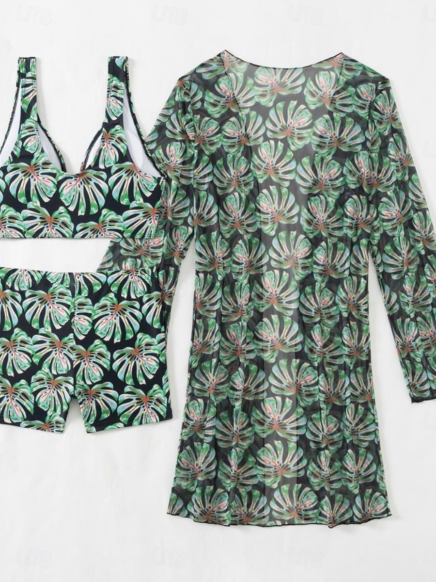 Damskie Stroje kąpielowe Bikini Trzyczęściowy Krótkie spodnie Kostium kąpielowy Szczupła Odkryte plecy Urlop Stroje plażowe Kwiaty Liście W serek Bez rękawów Kostiumy kąpielowe 2026 - $31.99 –P4