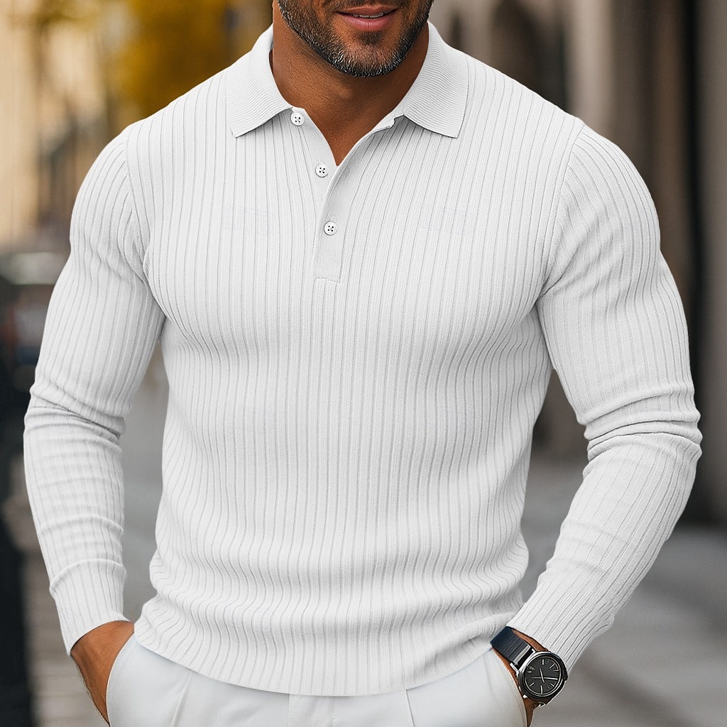Men's Rib Knit Top Textured Street Casual Lapel Long Sleeve Basic Modern Plain Buttons Spring Fall All Seasons Slim Fit Blue White Navy Blue Gray Rib Knit Top 2025 - $25.99 –P3