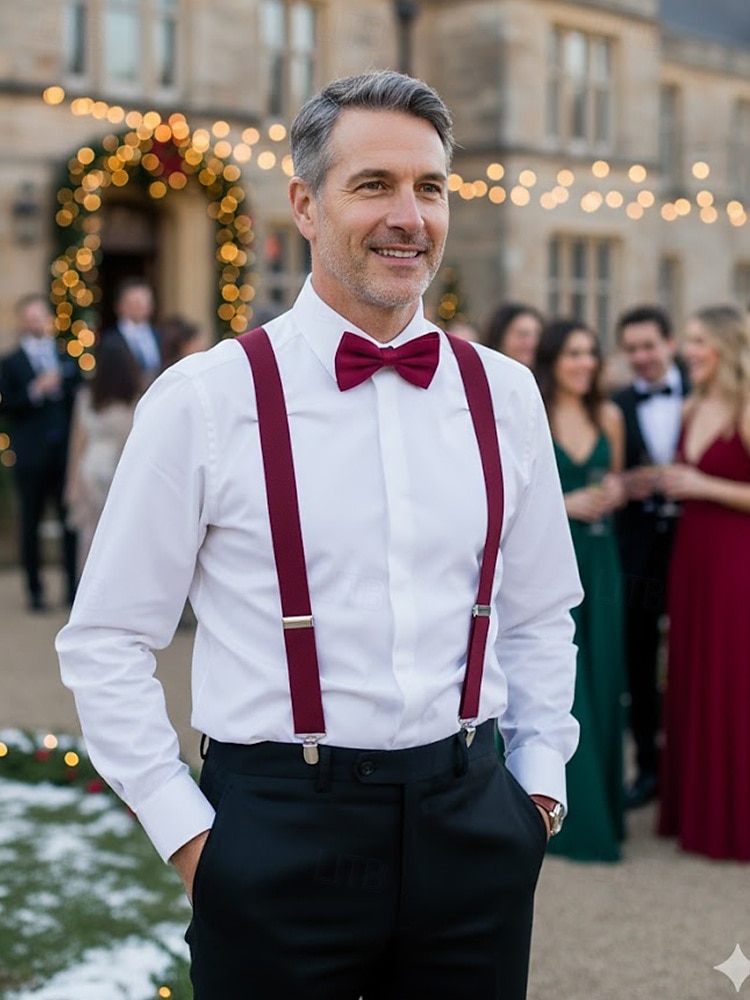 Herrset med hängslen och fluga i polyester, flera färger, perfekt för jul och formella evenemang 2026 - $11.99 –P1