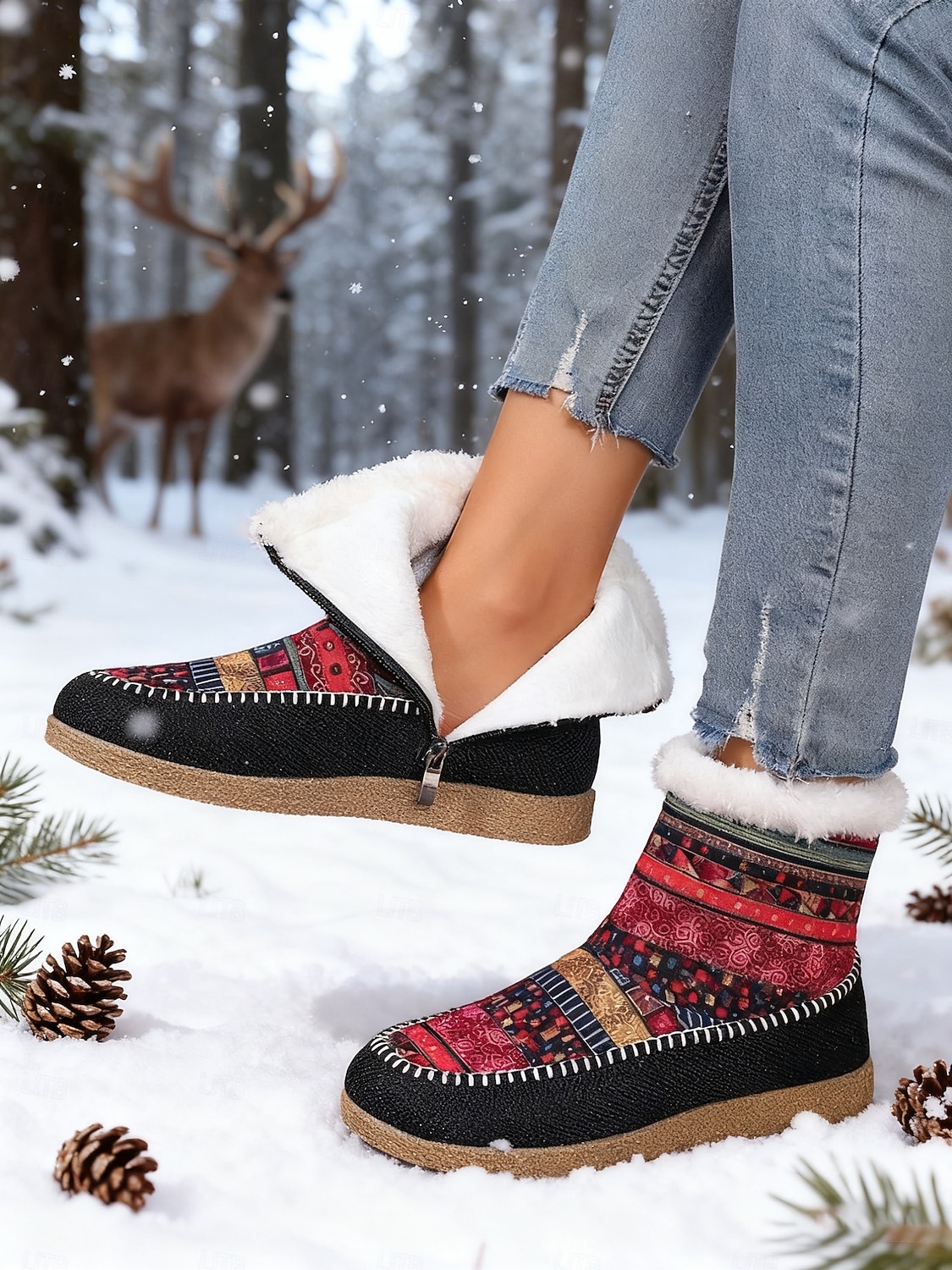 2026年 女性用エスニック柄の暖かいアンクルブーツ - カラフルなボヘミアンスタイルのフリース裏地付き冬用ブーツ、サイドジッパー付き、旅行や休暇に最適な快適なアウトドアシューズ  コレクション – $29.99 –P2