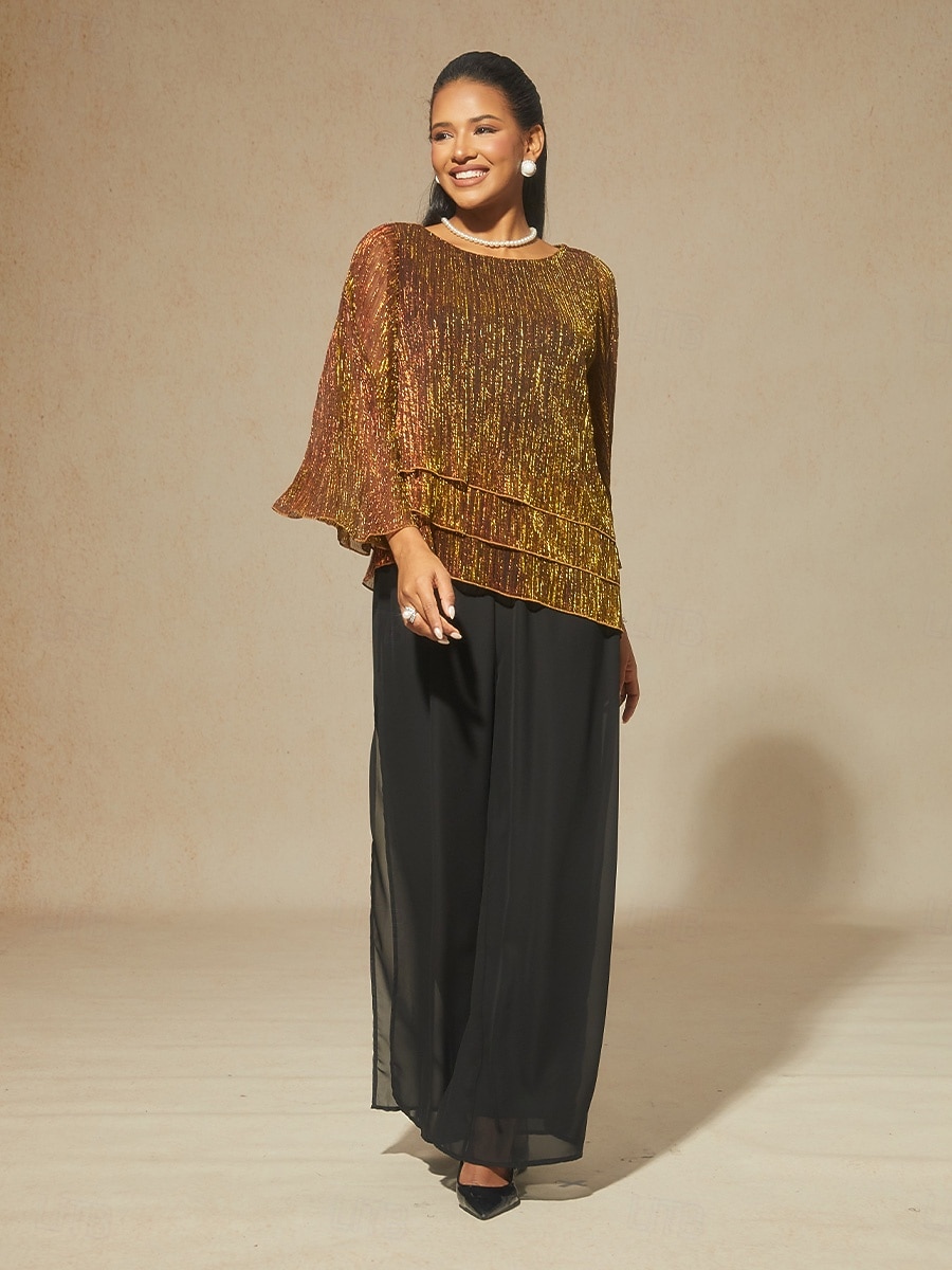 Dames Blouse Chiffon-topjes Kanten topjes Met ruches Schitteren Effen Kleur Elegant 3/4 mouw Strakke ronde hals Bruiloft gast Feestdagen Portofino Sinaasappel Zomer Lente Herfst 2026 - $59.99 –P4