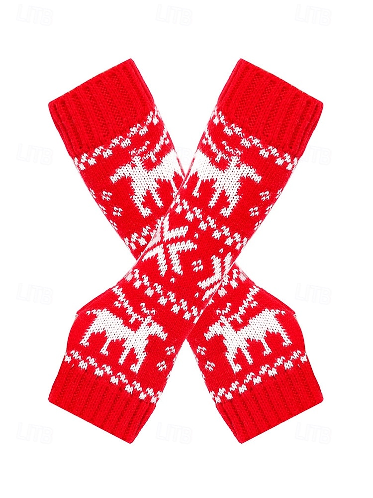 Stickade fingerlösa julvantar för kvinnor, röda och vita Fair Isle-renmönster, julvantar för vinterfester och festliga evenemang 2026 - $7.99 –P7