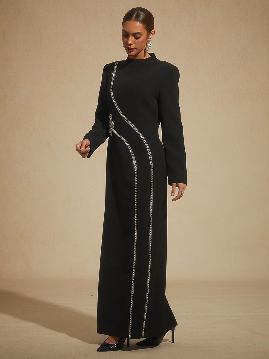 Women's Maxi Dress Shift Dress Elegant Evening Party Party Beaded Geometric Long Sleeve Stand Collar Black 2026 - $625.69 –P9