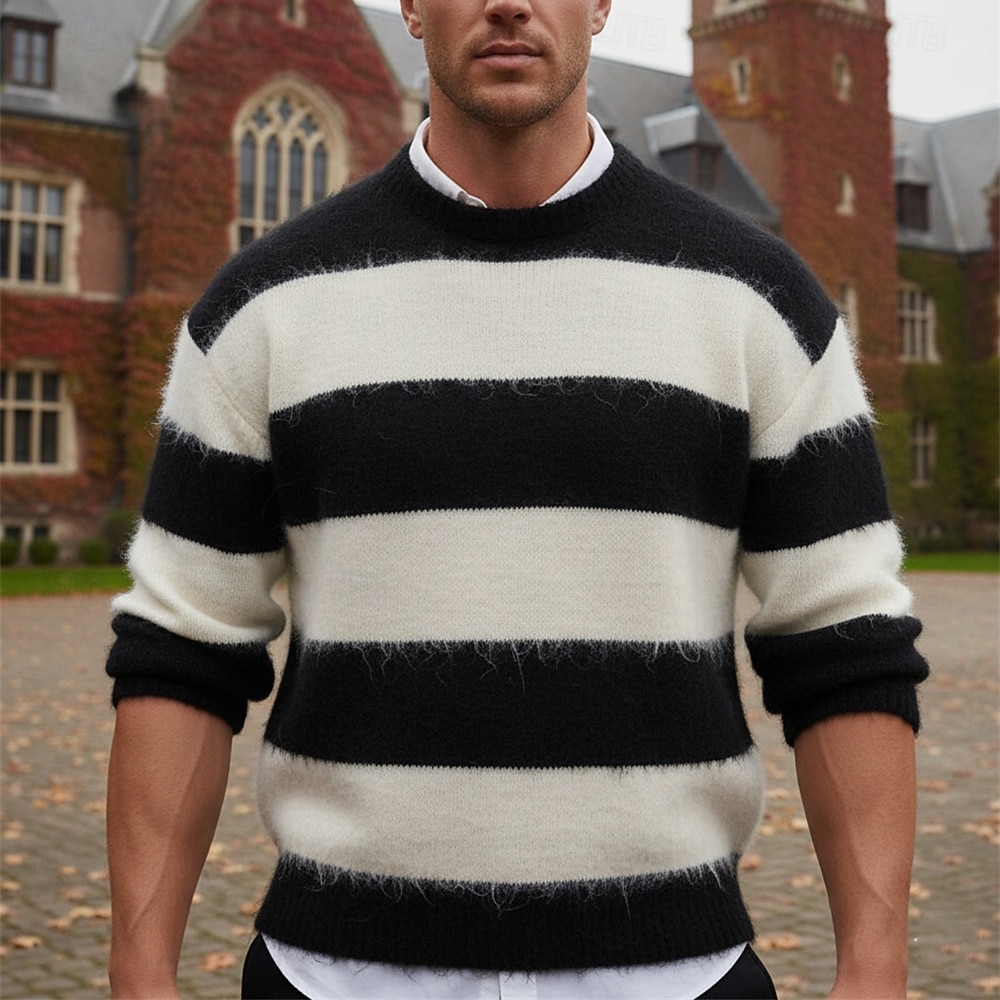 Herren Weihnachtspullover Pullover Strickpullover Gerippt Stricken Normale Oberteile Gestrickt Gestreift Rundhalsausschnitt Mode Basic Weihnachten Urlaub Bekleidung Herbst Winter Weiß Blau M L XL 2026 - $34.99 –P2