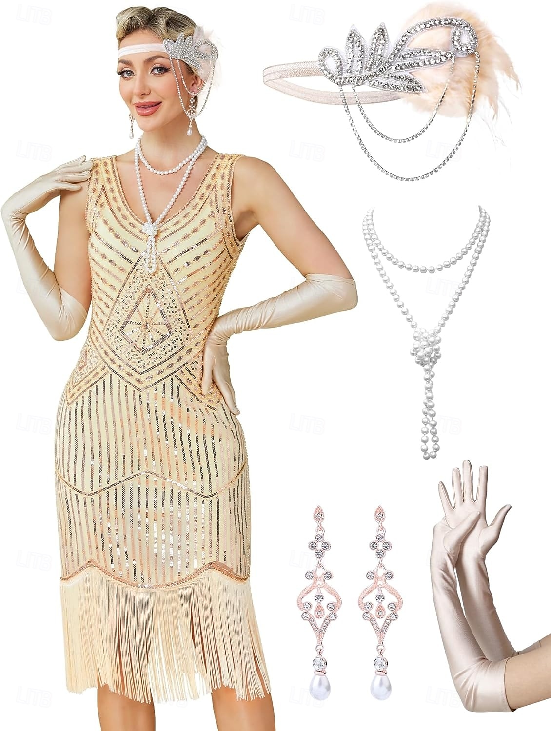 Conjunto Loucos anos 20 Anos 20 Até os Joelhos Vestidos Vestido melindroso Roupa com acessórios Sem Mangas O Grande Gatsby charleston Paetês Franjas Pena Decote V Fantasia Mulheres Carnaval Ano Novo de 2026 por $69.99 –P2