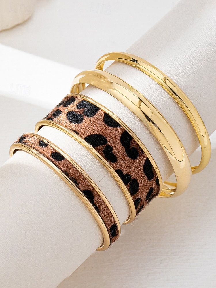 Dames manchetarmbanden met luipaardprint in goudkleurige legering – set van 4, stijlvol dierenprintontwerp, perfect voor casual en avondkleding 2026 - $11.99 –P8