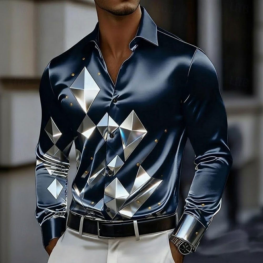 Herren Geometrisch Karo / Karomuster Glas Hemd Satinhemd Kleidhemd Langarm Business-Casual Urlaub Alltagskleidung Sommer Frühling Herbst Umlegekragen 3D-Druck Hemden mit Knopfleiste Dunkelrot 2026 - $29.99 –P1
