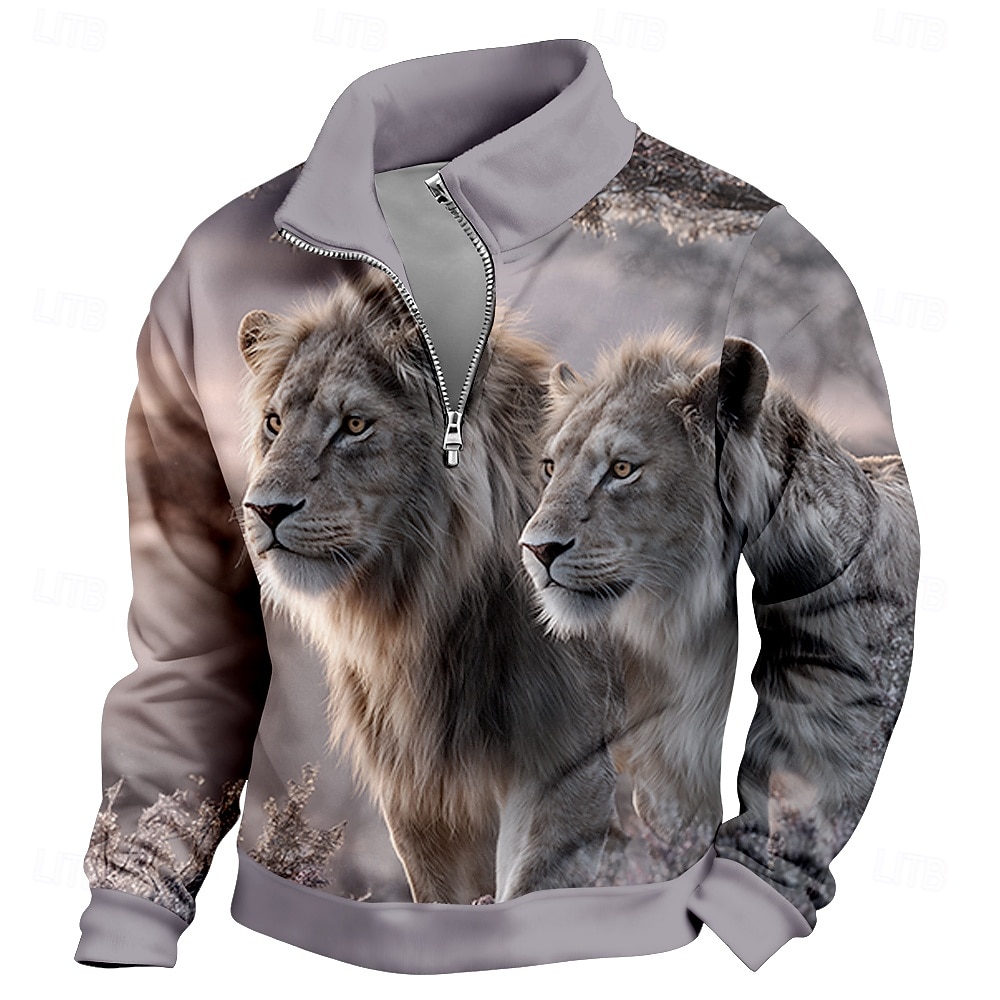 Herren Löwe Pullover 3D Jagd Stehkragen Outdoor Arbeit Geschenk Schwarz Grau Reißverschluss Herbst Winter Designer S M L XL XXL XXXL 2026 - $28.99 –P2