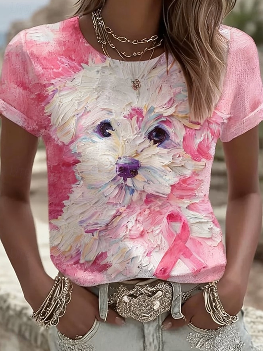 Dámské Tričko Tisk Grafika Zvíře Pes Vinobraní Na běžné nošení Krátký rukáv Tričkový Běžné topy Denní Víkend Vodní modrá Světlá růžová Podzim Zima 2026 - $22.99 –P1