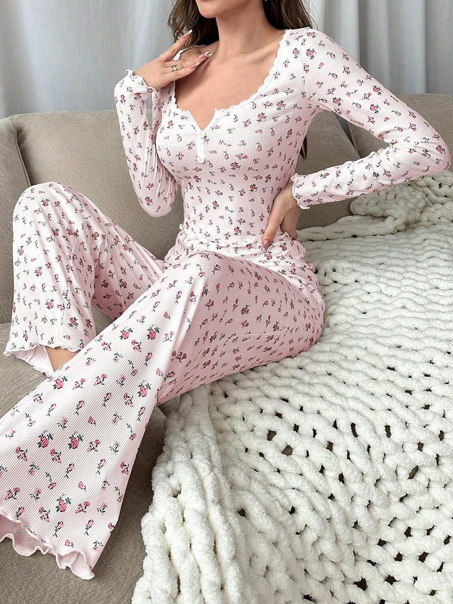 Dame Pyjamas Sett Fritid Komfort Blomstret Elastisk midje Bukse Hjem Daglig Langermet U-hals Hvit Gul Rosa Lilla Vår Høst Normal 2026 - $21.99 –P8