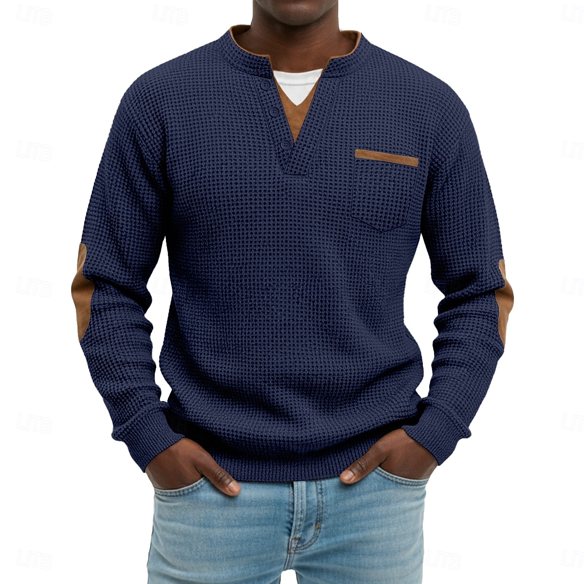 Herr Våffeltröja Waffle Henley Shirt Herrskjortor med armbågslappar Långärmad V-hals Henley Höst vinter Vår & Höst Ensfärgat Mode Grundläggande Ledigt falska två stycken Ledigt Gata Sport Grå Topp 2026 - $24.99 –P4