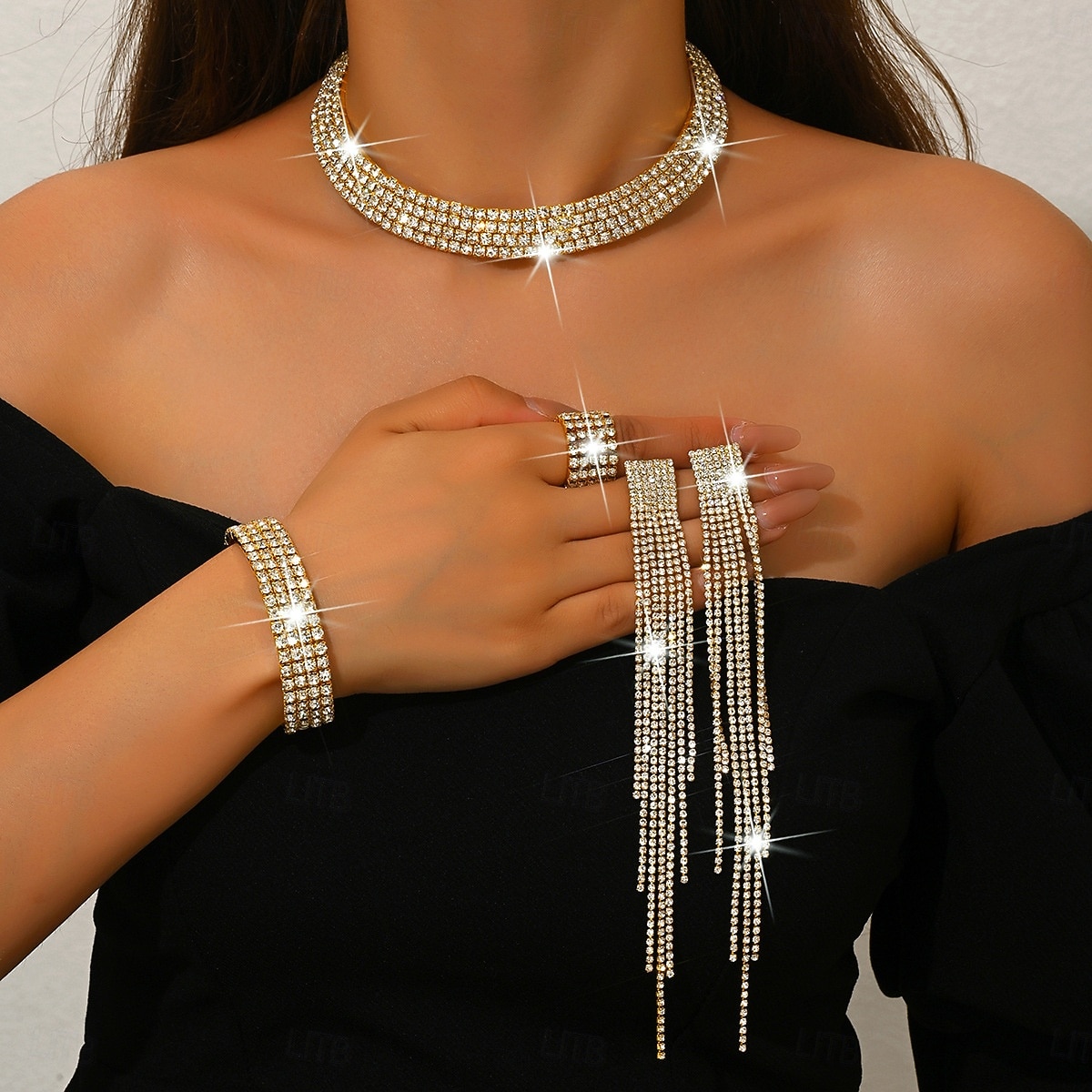 Женский комплект украшений из золота со стразами: сверкающее колье, серьги, браслет &набор колец для коктейльных вечеринок, свадеб и официальных мероприятий 2026 - $19.99 –P3