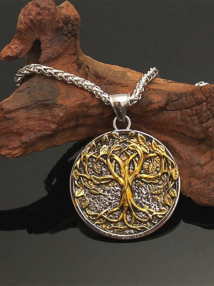 Miesten viikinkipuu-riipuskaulakoru - metalliseos, vintage-kultaa ja -hopeaa, pohjoismaisesta tyylistä inspiroitunut, täydellinen lahja luonnon ystäville, rentoon ja juhlavaan tilaisuuteen 2026 - $7.99 –P4