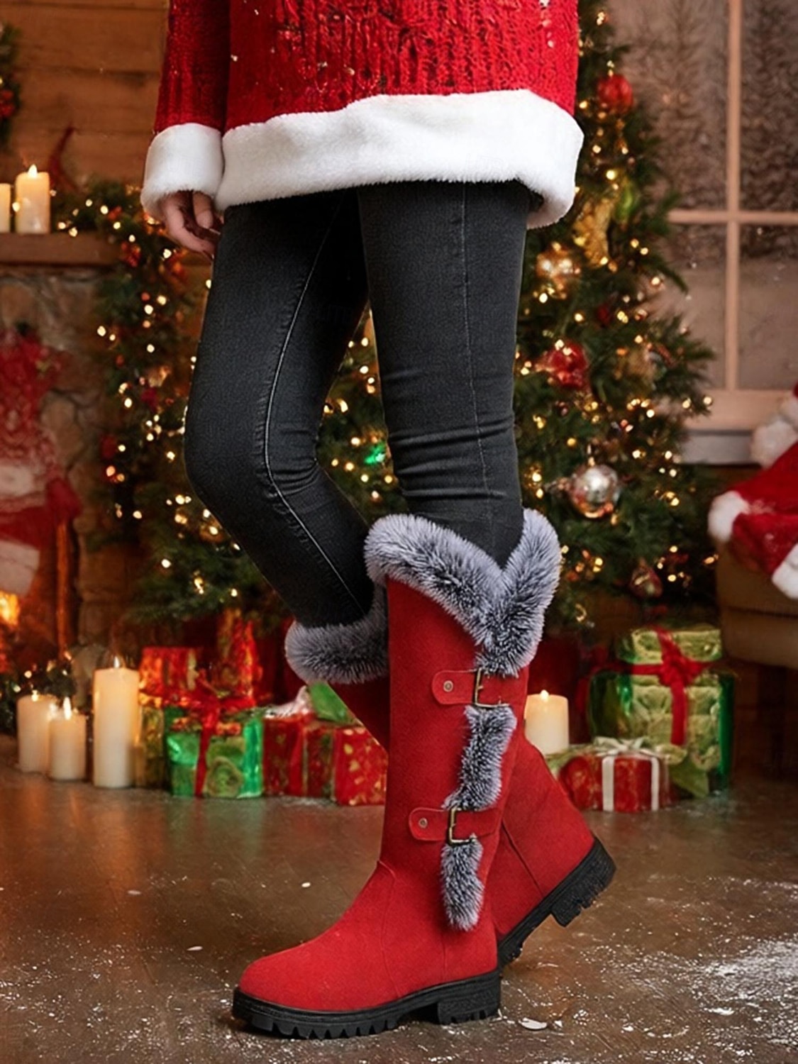 Женские красные зимние сапоги из искусственной замши - высокие сапоги до колена с отделкой из искусственного меха и пряжкой на ремешке, стильная теплая рождественская обувь для улицы и повседневной 2026 - $46.99 –P3