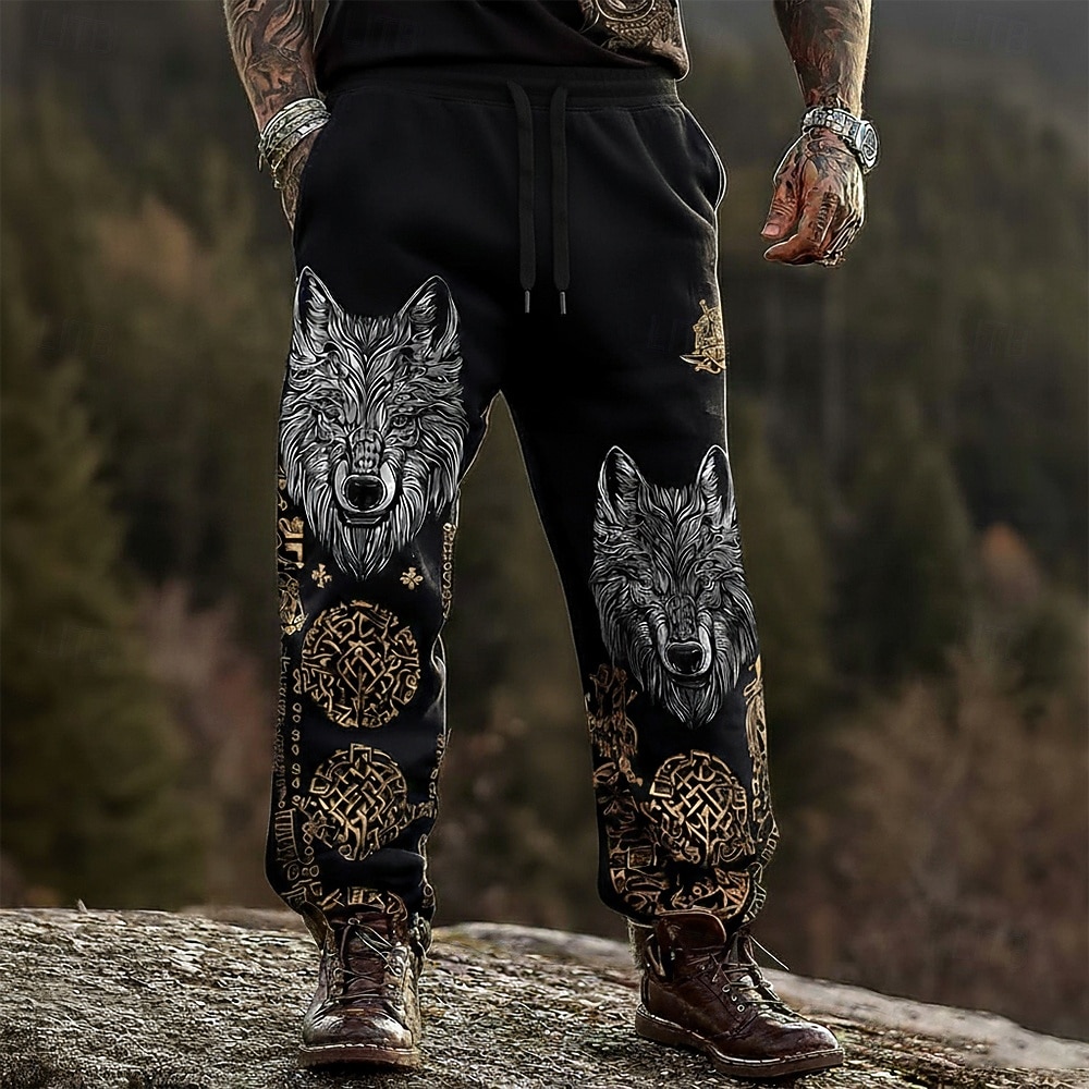 Herren Wolf Wikinger Keltische Kunst Hosen Hose Freizeithose Mittlere Taille Kordelzug Elastischer Bund Vintage-Retro Outdoor Campen und Wandern Jagd Gerade Hosen Frühling Herbst 3D-Druck Schwarz 2026 - $24.99 –P3
