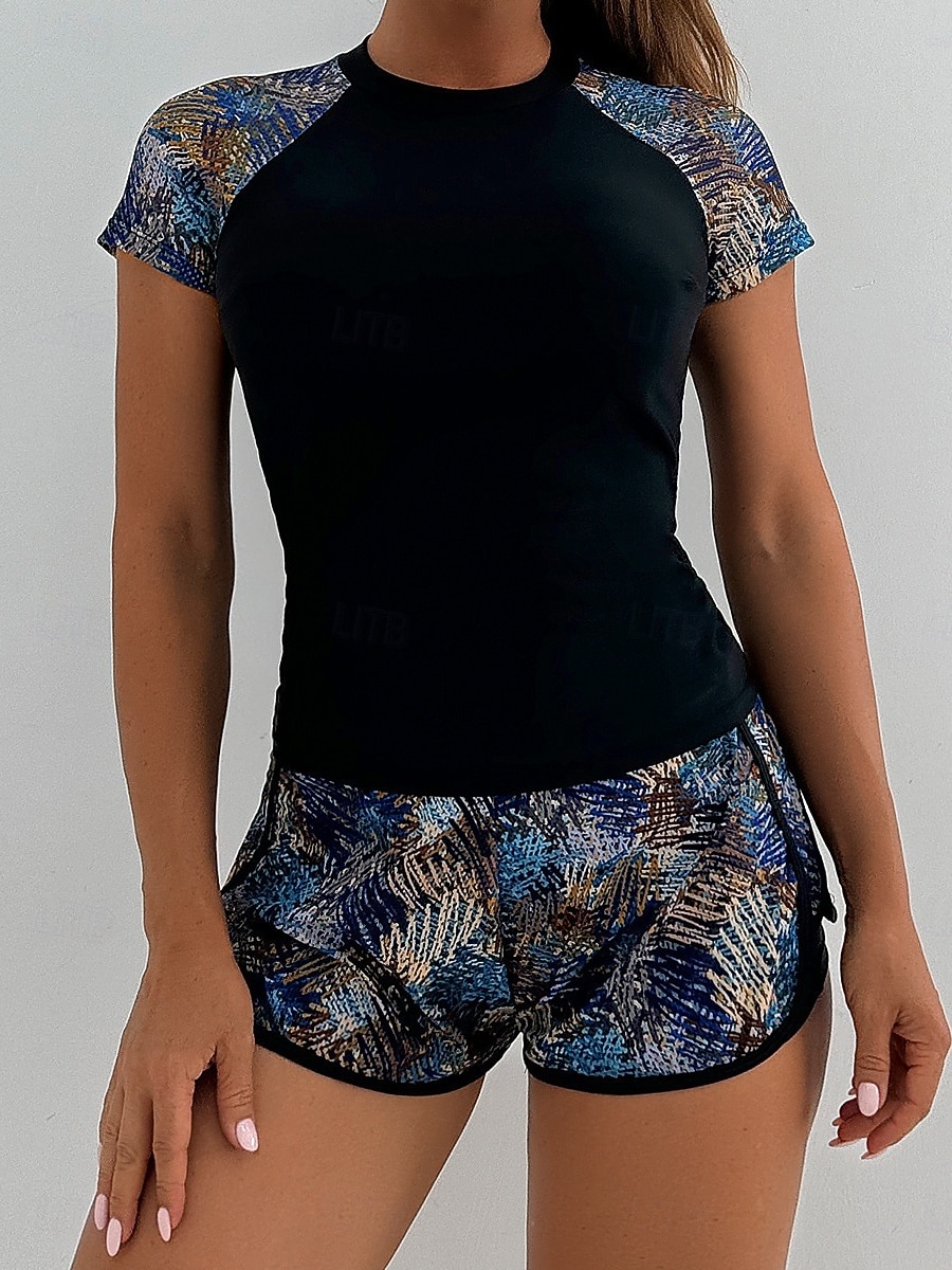 Costume da bagno tankini da donna 2 pezzi pantaloni corti palmo controllo pancia vita alta slinguato senza schiena vacanza in spiaggia scollatura rotonda floreale con maniche corte del 2026 a $36.99 –P11