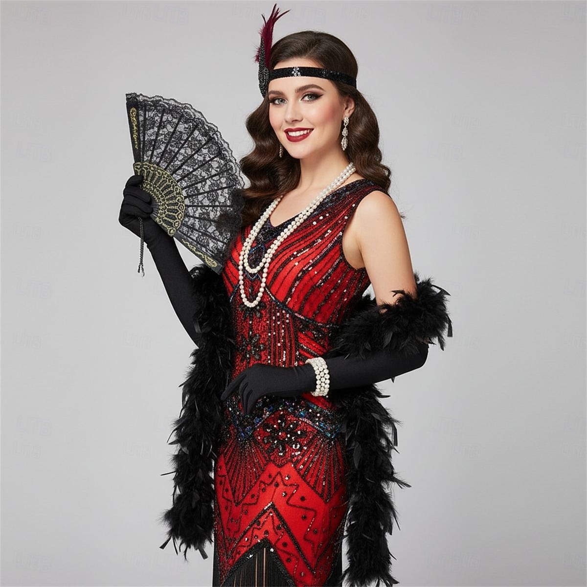 Set Anni Ruggenti Anni 1920 Lunghezza al ginocchio Vestito Abito Flapper Abiti con accessori Senza maniche Il grande Gatsby Charleston Invitato al matrimonio Paillettes Frangia con nappe Piuma Scollo del 2026 a $77.99 –P8