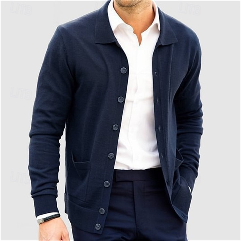Men's Sweater Cardigan Sweater Ribbed Knit Regular Tops Knitted Plain Turndown Vacation Fashion Casual Office Clothing Apparel Spring &  Fall Navy Blue S M L 2026 - $36.99 –P7