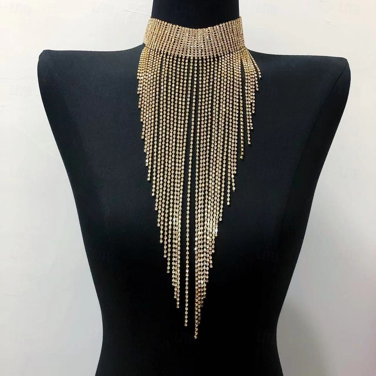 Dámský zlatý náhrdelník s kamínky a třásněmi - luxusní šperk na koktejlové večírky, večerní akce a formální příležitosti 2026 - $22.99 –P4