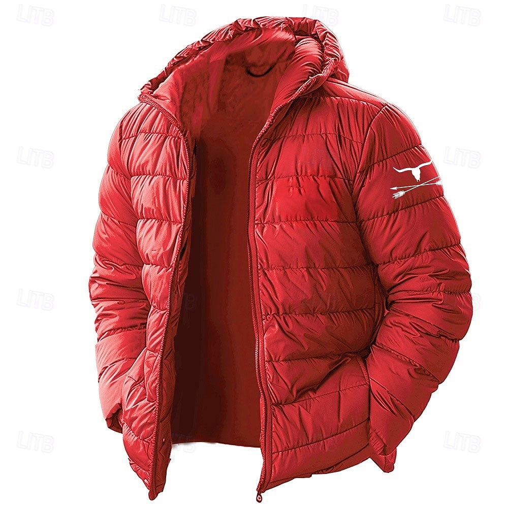 2026年 男性用 Arrow カウプリント 冬物コート ダウン パフジャケット 保温 防雨 ライトウェイト カジュアル アウトドア 日常 パッド入りキルティングフードジャケット 秋 冬 長袖 ブラック ルビーレッド ロイヤルブルー  コレクション – $60.99 –P4