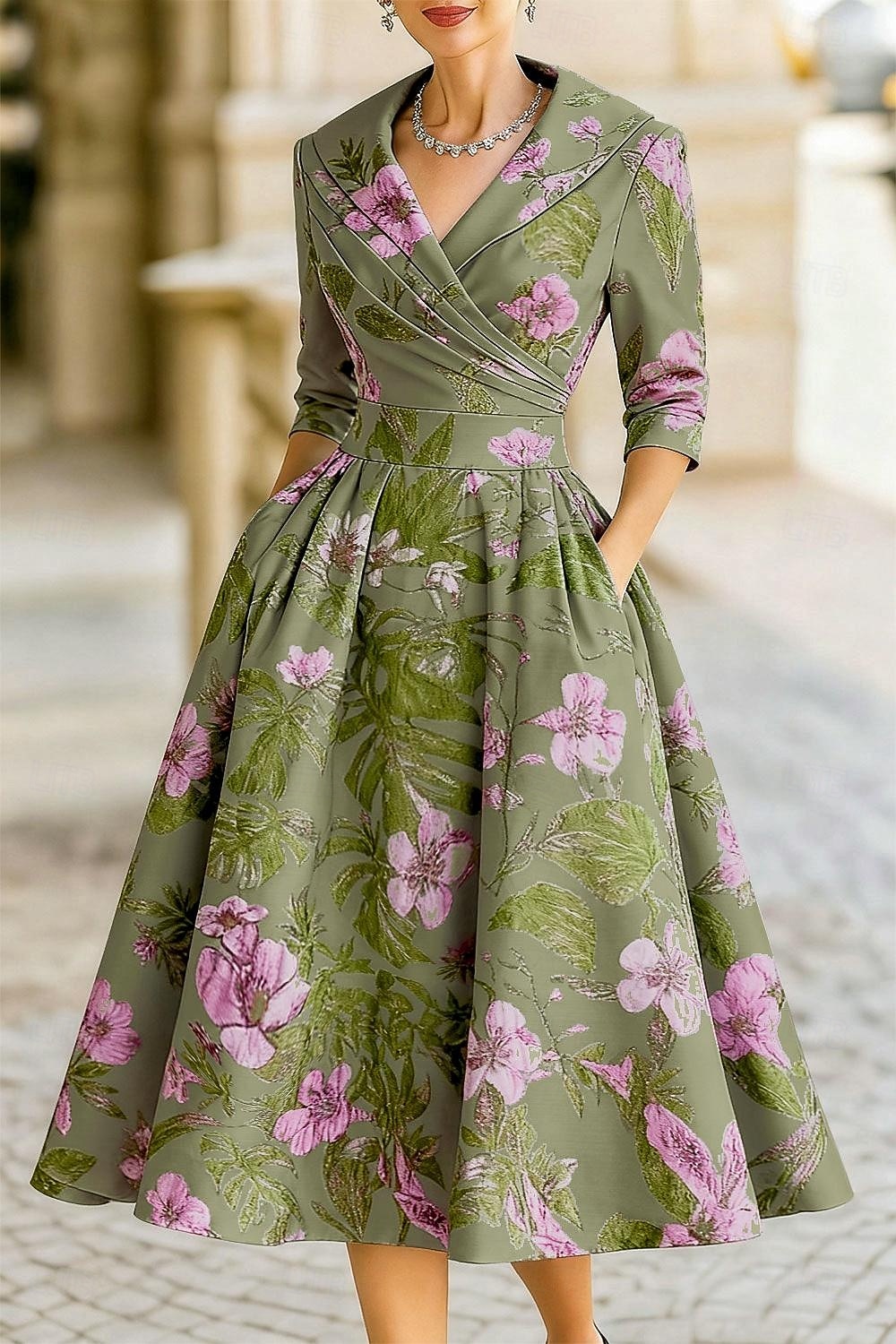 Linha A Longuette Vestido de festa Vestido Coquetel Vestido de convidada de casamento Vestidos de noite Elegante Vintage Manga 3/4 Colarinho de Camisa Casamento Formal Jacquard com Bolsos de 2026 por $175.99 –P2