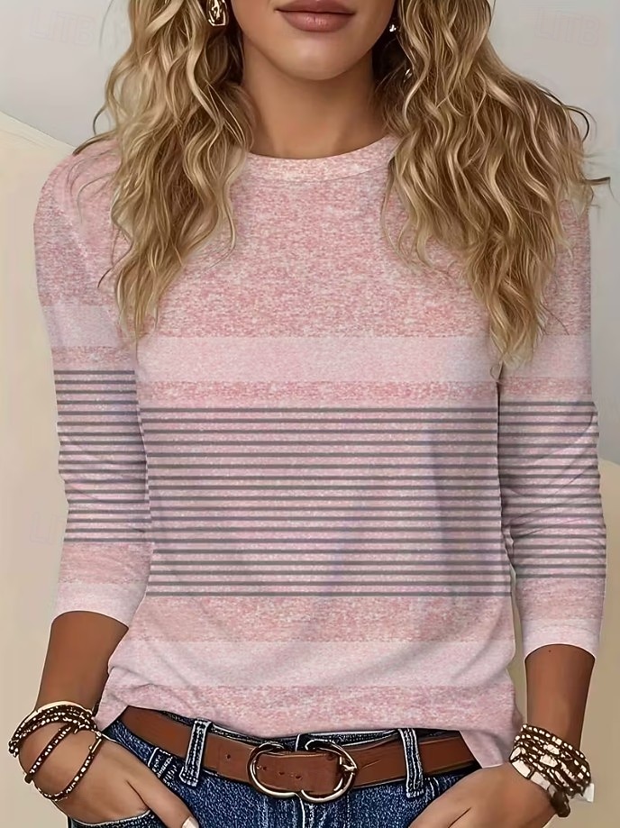 Mujer Camiseta Estampado Graphic Geométrico A Rayas Vintage Moda Elegante Manga Larga Cuello Barco Escote Redondo Tops regulares Diario Fin de semana Azul Piscina Negro Rosa Rojo Verano Primavera 2026 - $24.99 –P2